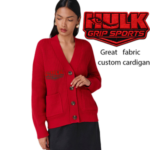 Premium Women's Crew Neck Ribbed Knit <b>Cardigan</b> <b>Sweater</b> Cherry Red Button-Up Winter Casual Soft Hand Feel Custom-Weight Fabric - Product Image 1