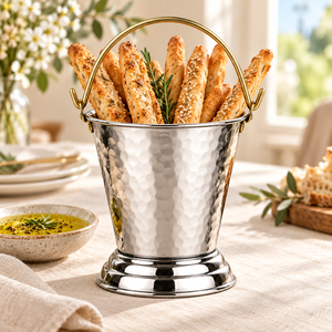 Seau de service en acier inoxydable martelé avec poignée en laiton, rond, pour curry, 300 ml, pour la maison, les restaurants, les hôtels et la restauration - Product Image 6