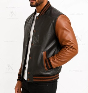 Veste en cuir véritable pour homme, manches marron, corps noir, style universitaire classique, col rabattu, vêtements d'extérieur décontractés, vêtements d'automne - Product Image 6