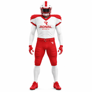 Uniforme de Fútbol Americano para Hombre RONAL SPORTS, Conjunto de Jersey y Pantalones Cortos Sublimados en Blanco y Rojo, Ajuste Atlético que Absorbe la Humedad - Product Image 1