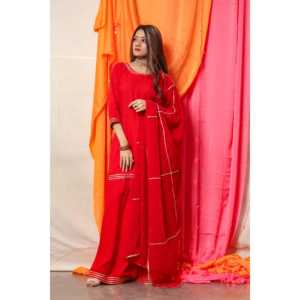 ชุดเดรสทรงเอไลน์สีแดงกุหลาบประดับด้วยลายปักสีทองแบบแฮนด์เมด ไซส์ XS เอวทรงเอ็มไพร์ คอไขว้แบบผูกเชือก ผ้าออร์แกนซ่า - Product Image 5