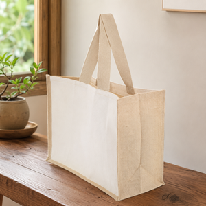 Sac fourre-tout en toile de coton naturel 280 GSM avec soufflet en jute laminé PP, 33x41x19 cm, poche intérieure, logo personnalisé, vente en gros, OEM, ODM - Product Image 6