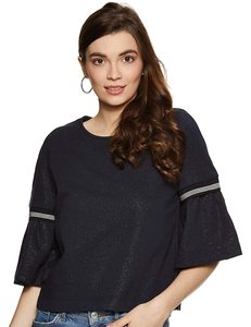 Top de Punto Azul Marino para Mujer, con Mangas Acampanadas, Cuello Redondo, Estilo Casual de Verano, 100% Poliéster Transpirable, Diseño con Volantes - Product Image 2