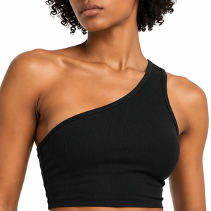 Ensemble deux pièces décontracté pour femme, printemps, noir, éco-responsable, avec haut court asymétrique à une épaule et pantalon cargo ample à jambes larges, taille élastique - Product Image 2
