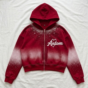 Y2K Rhinestone Zip Up <b>Hoodie</b> <b>Women</b> Custom Logo <b>Red</b> Gradient Spray Cropped Oversized Fleece Streetwear Hooded Jacket Wholesale - Product Image 1