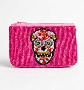 Beaded Mini Coin <b>Purse</b> <b>Pink</b> Sugar Skull Zipper Closure Handmade Bohemian Style Unisex - Product Image 5