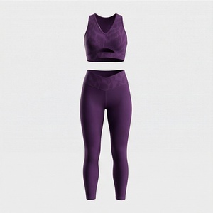 Conjunto de yoga de 2 piezas para mujer: top corto morado sin mangas con cuello en V y leggings de cintura alta - Product Image 1