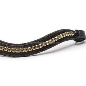 Banda de ceja de caballo de cuero acolchado negro marrón de edición limitada personalizada con una sola fila de cadena de diamantes de cristales dorados - Product Image 3