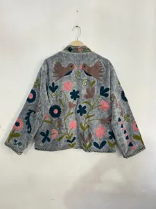 Grey Boho Suzani Embroidered <b>Velvet</b> <b>Jacket</b> <b>Women</b> Ethnic Short Coat Stand Collar Open Front Winter Autumn Wear - Product Image 5