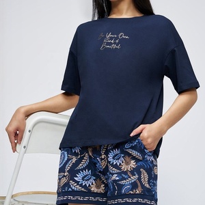 Womens <b>Navy</b> Blue Graphic T Shirt Cotton Drop Shoulder Slogan Crew Neck Loose Tee Apparel Manufacturer Gsm 220 - Product Image 5
