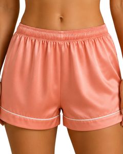 Conjunto de pijama de satén rosa melocotón personalizado por el fabricante para mujer, ropa de dormir de seda de lujo con bolsillo bordado, conjunto de descanso de manga corta suave. - Product Image 4
