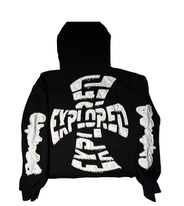 Sudadera con capucha y cremallera completa para hombre CARE MASTER, estilo streetwear, con estampado vintage, rasgaduras, logo bordado, mangas con cremallera, corte holgado y lavado. - Product Image 2