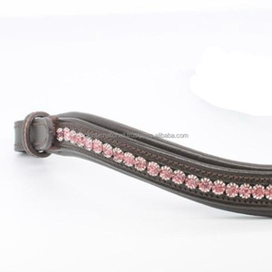 Frontal de cheval en cuir rembourré noir et havana, sur mesure, incrusté de cristaux dorés de luxe et de strass, avec canal vide. - Product Image 3