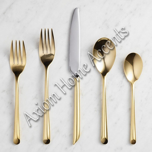Handmade Stainless Steel Cutlery Set of 5 Pcs with Brass Handle Silver Color <b>Moroccan</b> Coastal Design by Axiom Home Accents - Product Image 2
