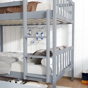 Letto a Castello in Legno di Gomma con 2 Cassetti, Convertibile in 2 Letti Singoli, Scala e Sponda di Sicurezza per Letti per Bambini - Product Image 5