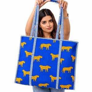 Quilted Leopard Print Canvas Tote <b>Bag</b> Striped Handle Open Shopping <b>Travel</b> Shoulder <b>Handbag</b> - Product Image 1