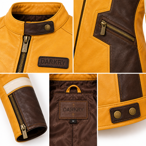 Darkry Custom <b>Womens</b> Yellow <b>Brown</b> Genuine <b>Leather</b> Racing <b>Jacket</b> Real Cowhide Motorcycle Biker Rider Sportswear Outerwear Apparel - Product Image 6