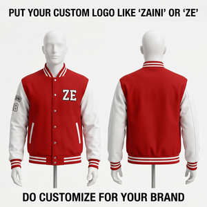 เสื้อแจ็คเก็ตวาร์ซิตี้ผ้าฟลีซผสมคอตตอนพรีเมียม 420 GSM คอตั้ง กันลม สีแดงขาว ตัดต่อแผงสีตัดกัน พร้อมป้ายโลโก้แบบเชนีลสั่งทำพิเศษ - Product Image 1