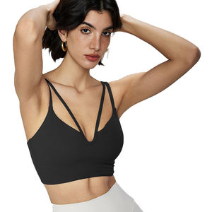 Sujetador deportivo de yoga para mujer al por mayor, de alto soporte, transpirable, color liso, con doble tirante, de Spandex/Nylon, con logo frontal y lazo, cuello en U - Product Image 4