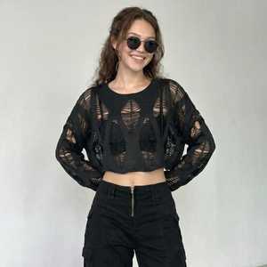 เสื้อครอปถักแบบเว้าสีดำสำหรับผู้หญิง แขนยาว คอกลม สไตล์โบฮีเมียน ทรงหลวม ใส่ได้ทั้งฤดูใบไม้ผลิและฤดูร้อน - Product Image 2