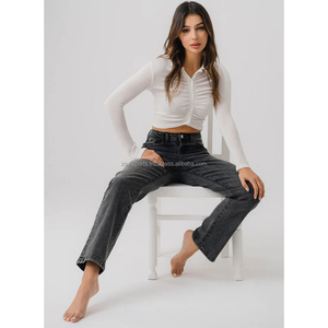 Jeans droits pour femmes de haute qualité, pantalons en denim personnalisés OEM, vente en gros de pantalons en denim tendance, pantalons en denim décontractés pour femmes OEM - Product Image 1