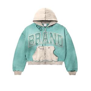 <b>Mens</b> distressed zip up crop hoodie oversized vintage style streetwear <b>jacket</b> custom embroidered logo sweatshirt - Product Image 6