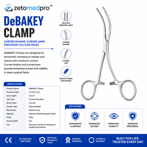 เครื่องมือผ่าตัดหลอดเลือดหัวใจและหลอดเลือดดำ DeBAKEY Clamp Curved Shanks Curved Jaw ขนาด 4.5 ซม. รวมความยาว 5 นิ้ว (12.7 ซม.) ยี่ห้อ ZETOMEDPRO - Product Image 3