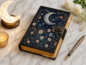 Diario de hechizos celestiales personalizado Book Shadows, con cubierta de cuero genuino, diseño floral lunar, diario con cerradura y páginas vintage. - Product Image 2