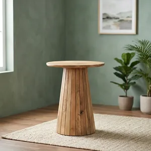 Table d'appoint moderne en bois de manguier avec base en piédestal cannelé, table d'appoint ronde faite à la main pour la décoration du salon et de la chambre - Product Image 6