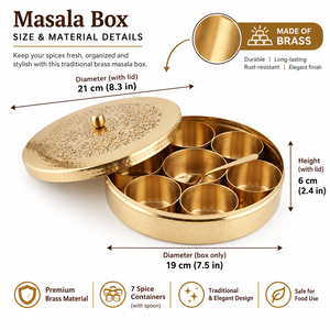Boîte à épices ronde en laiton gravé, Masala Dabba, 7 compartiments avec couvercle à bouton et cuillère, conteneur de rangement de cuisine, vente en gros - Product Image 5