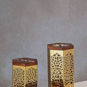 Ensemble de brûleurs d'encens hexagonaux en bois et métal, encensoir de luxe Bakhoor avec incrustation géométrique en métal, pot de rangement et plateau assortis - Product Image 4