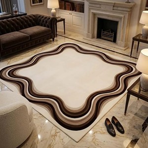 Modern Wavy Border Area Rug Cream Brown Abstract Hand Tufted Wool Carpet Luxury Living Room Bedroom Floor Decor Soft - Product Image 5