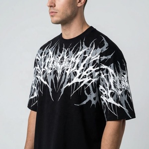 T-shirt blanc surdimensionné pour homme, motif abstrait noir imprimé numériquement, style streetwear, col rond, manches courtes, tricoté, éco-responsable - Product Image 5