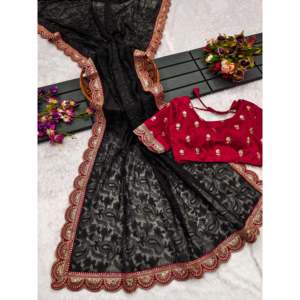 ผ้าส่าหรีทรงตรงสวยงามจาก Sai Creation พร้อมผ้าออร์แกนซ่าปักลายซ้อนทับสีตัดกัน ผูกคอแบบผูกเชือก เหมาะสำหรับงานปาร์ตี้ - Product Image 5