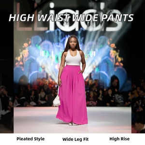High Waist Wide Leg Full Length <b>Pants</b> Solid Color Pleated Loose Fit Breathable Crepe Women's Summer Casual <b>Pants</b> With Pockets - Product Image 5