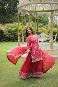 Diseñador Chinon Seda Floral Impresión digital Bordado Secuencia Trabajo Top Palazzo Dupatta Fatema Moda India Ropa paquistaní - Product Image 3