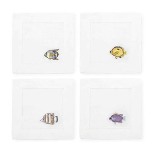 Serviettes de cocktail personnalisées en gros, brodées de poissons colorés, 6*6 pouces, durables, réutilisables, en coton, avec ourlet festonné, pour bar à domicile - Product Image 4