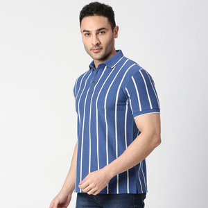 Polo pour homme à rayures verticales bleues et blanches, t-shirt décontracté à manches courtes et col, coton de qualité supérieure - Product Image 1