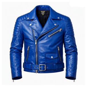 Chaqueta de Motociclista de Cuero Genuino Azul para Hombre, Transpirable, para Invierno, con Cierre de Cremallera y Cinturón en la Cintura, Estilo Motero - Product Image 1