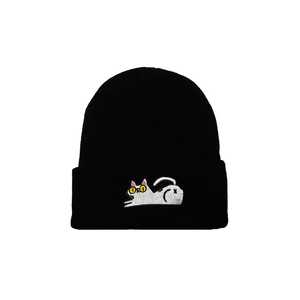 Custom Logo White <b>Cat</b> Embroidery Beanie <b>Hat</b> Unisex Adult Winter Casual Style Solid Black Cuffed Design - Product Image 1