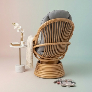 Chaise de salle à manger pivotante ergonomique en rotin, avec coussin confortable en polyester et dossier haut, fauteuil en osier fait main - Product Image 4