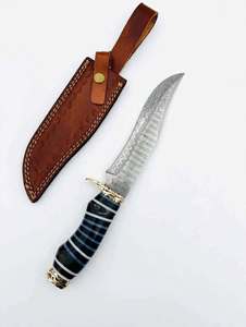 Custom Handmade Damascus Steel Outdoor <b>Knife</b> Segmented Striped Handle <b>Carved</b> Brass Guard Leather Sheath - Product Image 1