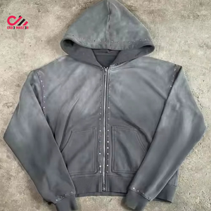 CARE MASTER Survêtement à capuche effet délavé, fermeture éclair intégrale, strass, streetwear, coupe ample, pour l'automne, couleur unie, taille adulte - Product Image 5