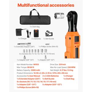 Set di Chiavi a Cricchetto Elettriche Senza Fili da 3/8 Pollici, Alimentate a Batteria, con 230 RPM e 88 Ft-lbs di Coppia - Product Image 4