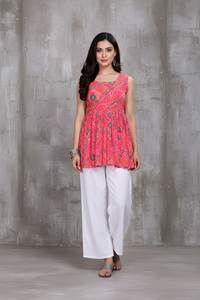 Tunica da Donna in Seta Delta con Stampa Bandhani, Senza Maniche, Lunghezza Regolare, Collo Rotondo, Completamente Cucita, Abbigliamento Etnico Tradizionale, Top Elegante - Product Image 4