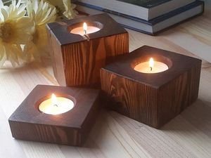 Ensemble de porte-bougies décoratifs en bois pour bougies chauffe-plat, finition noyer foncé, design rustique, coffret cadeau - Product Image 1