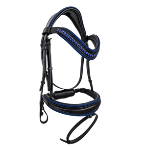Bridon de dressage anglais bleu pailleté super premium avec frontale en cristal et muserolle rembourrée – Équipement équestre - Product Image 1