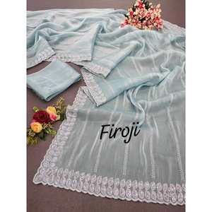 TRENDING SECUENCIA DE GASA DE SECUENCIA TRABAJO SAREE CON BLUSA SIN COSTAR SKY - Product Image 1