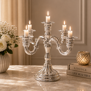 Candelabro Plateado de Lujo con 5 Brazos, Portavelas Decorativo Vintage para Mesa de Comedor y Centro de Mesa para el Hogar - Product Image 5