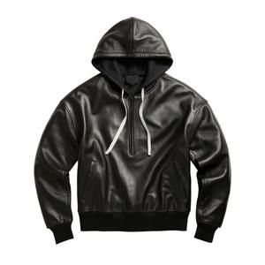 Sudadera con capucha de cuero genuino de alta calidad para hombre, estilo casual, con cremallera y logotipo frontal, OEM, teñida y lavable, al por mayor - Product Image 2